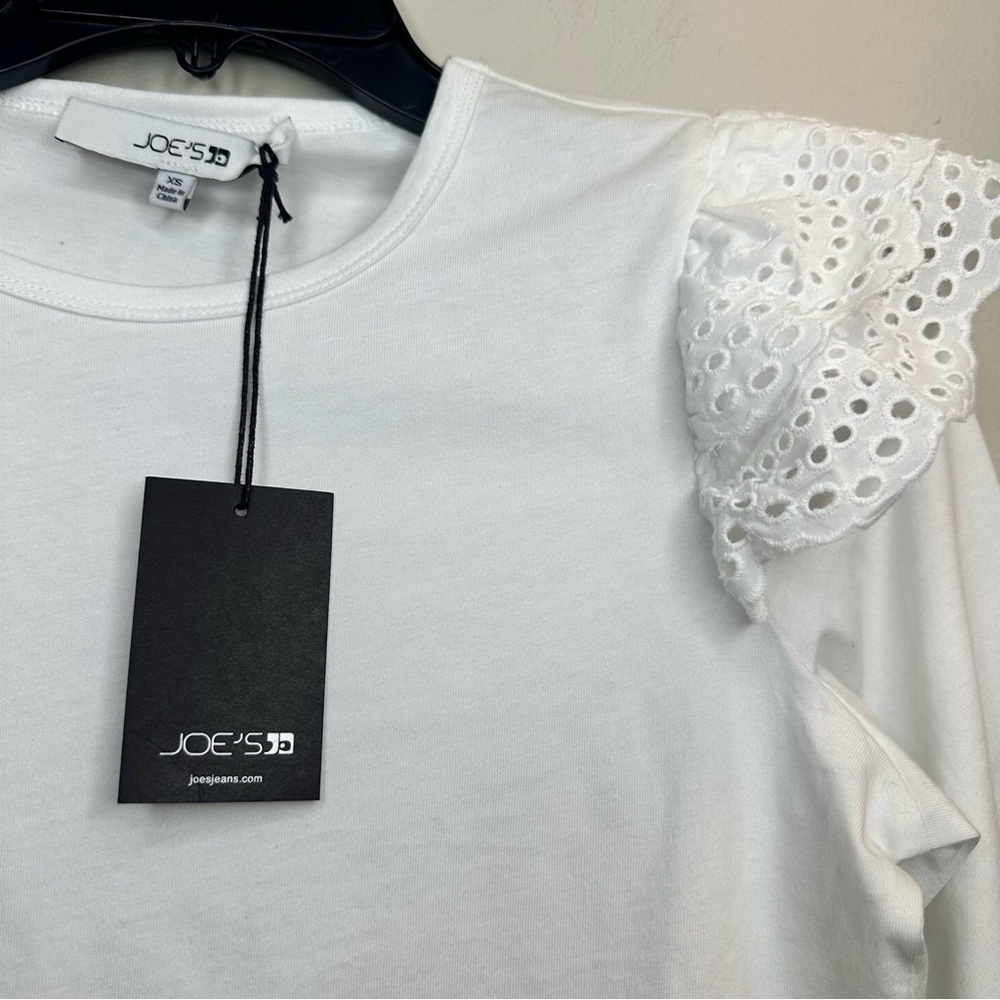 Joe's Jeans Womens Ruffle Eyelet Sleeve 100% CottonTop White Stylish Size XS NWT - Picture 4 of 9